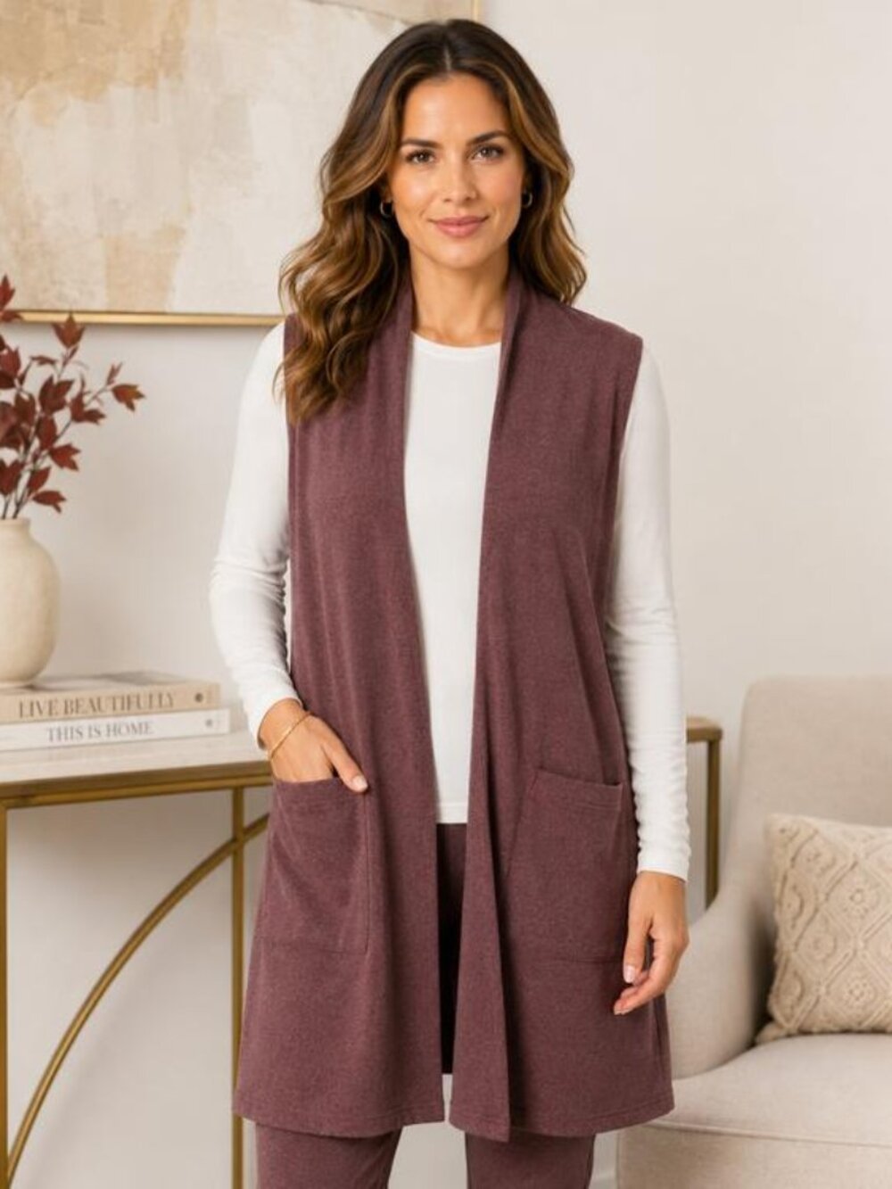 Weekend Brushed Pocket Vest - Wine